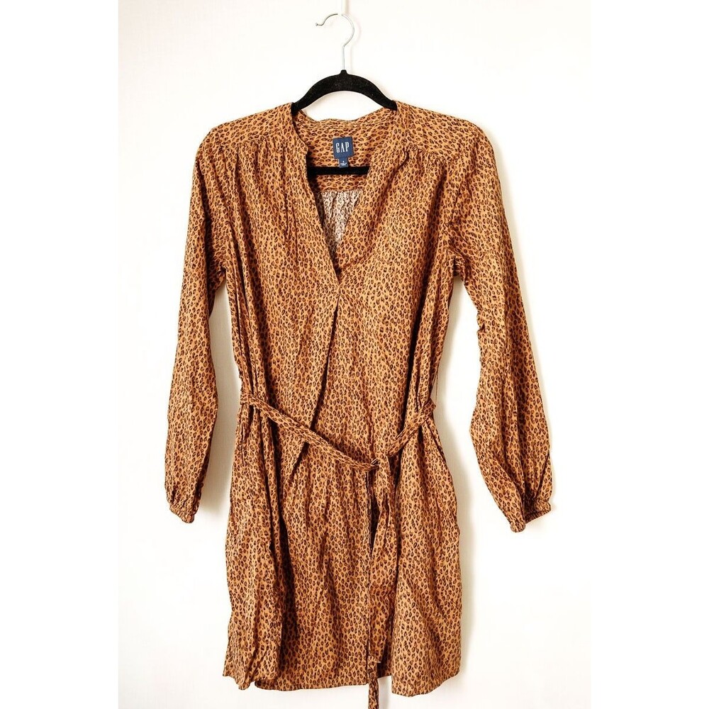 GAP Leopard Print Dress womens S Tie Waist long sleeve midi